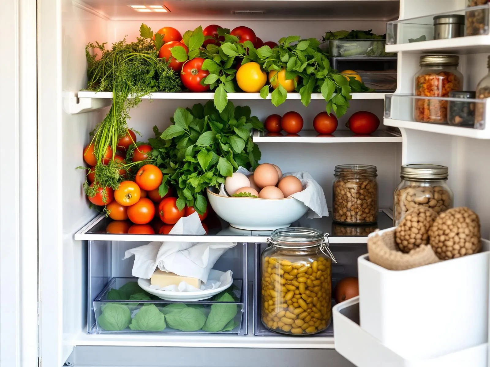 Intérieur d'un frigo garni de légumes de saison, herbes fraîches et bocaux — Défi du Frigo CMQR