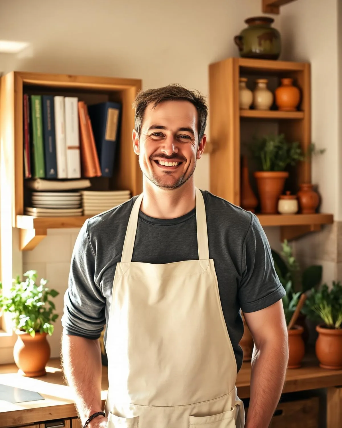 Portrait du fondateur de C'est Moi Qui Régale dans sa cuisine rustique, lumière naturelle chaude