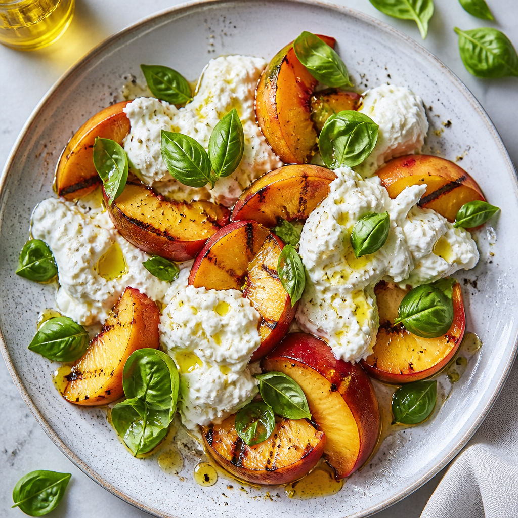 Salade de pêches, burrata et basilic