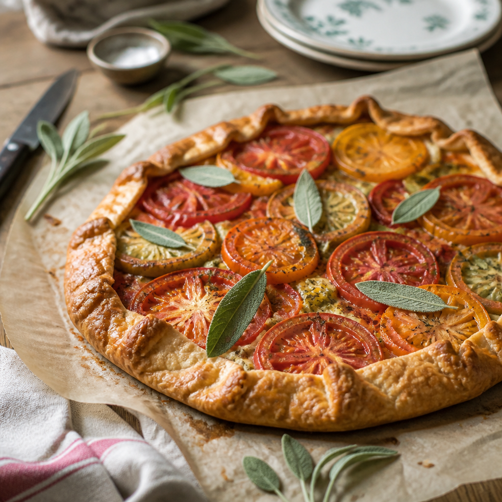 Tarte rustique aux tomates anciennes et sauge